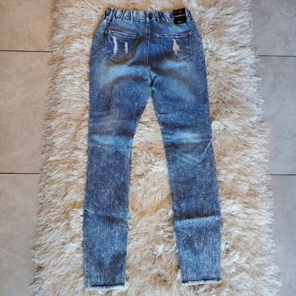 Women's Distressed Skinny Jeans Elastic Waist Bleach Wash - Picture 2 of 4